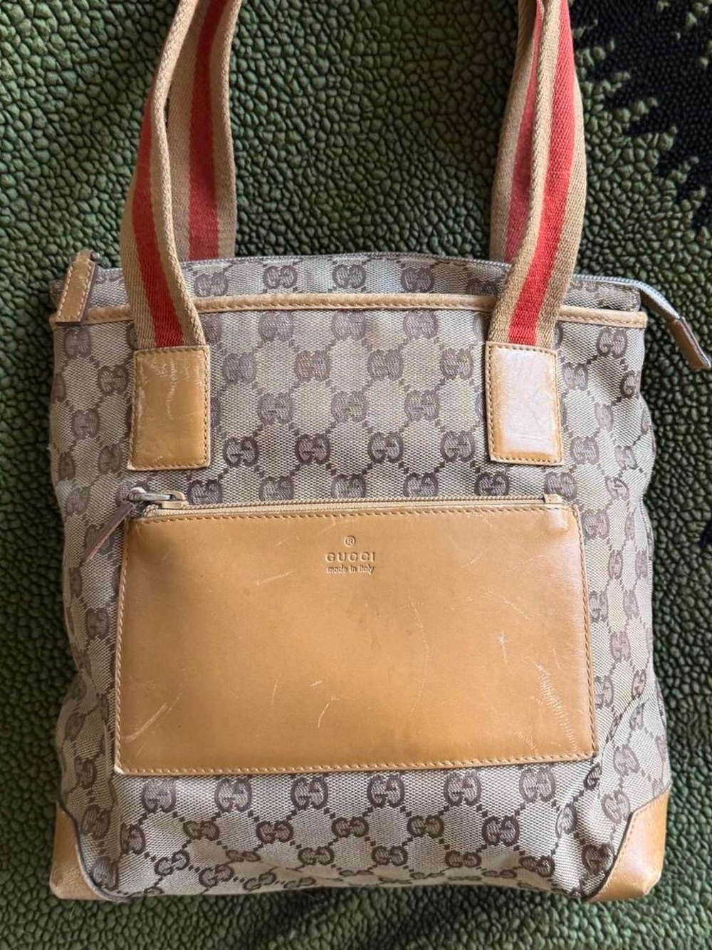 Gucci Beige/Brown GG Canvas Tote with Red-Striped Straps